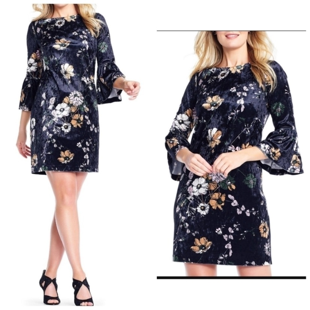 $129 Adrianna Papell velvet bohemian floral dress with bell sleeves size 6